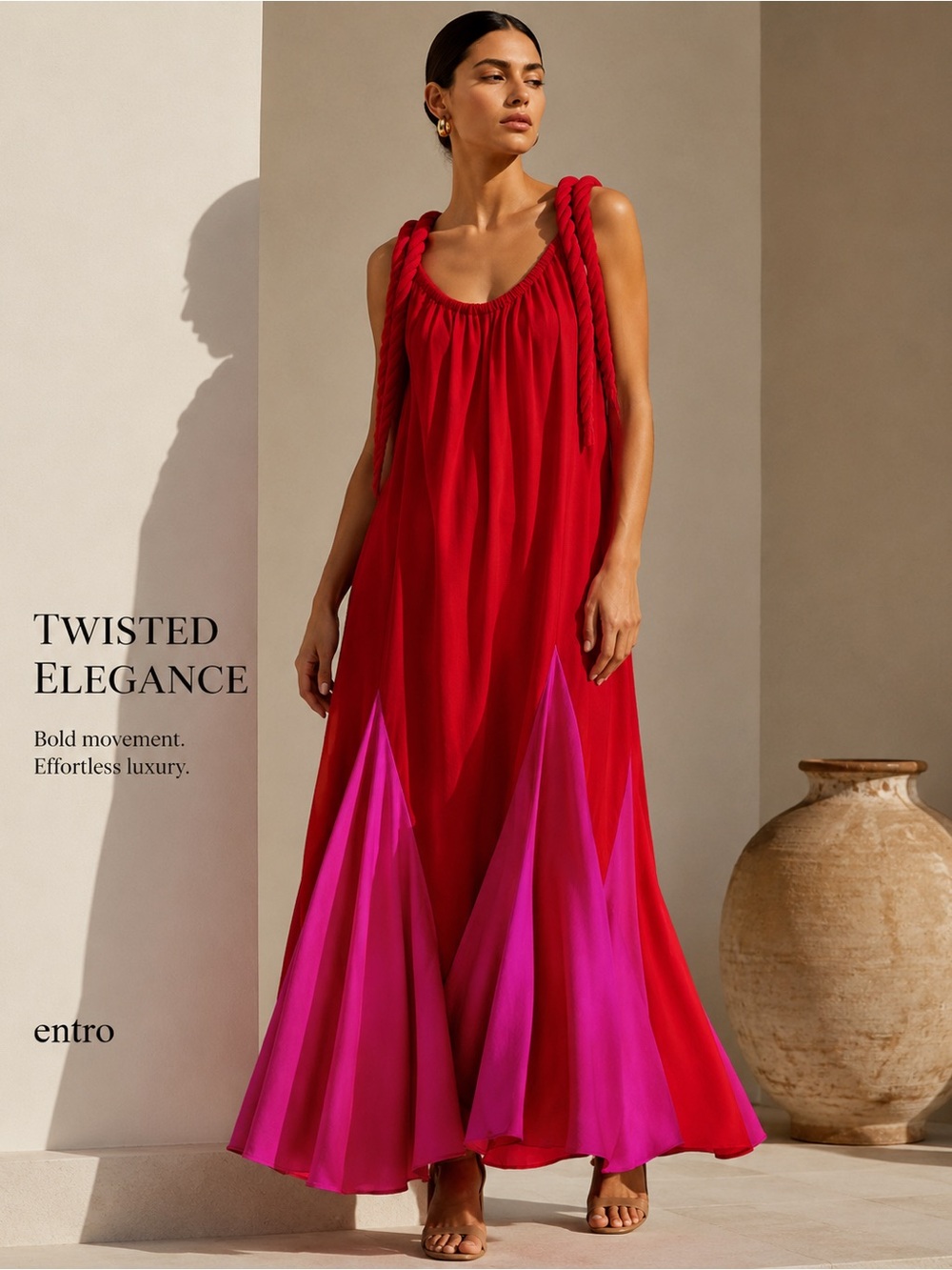 RARE Entro Red & Hot Pink Rope-Shoulder with Color Block Maxi Dress Sz L
